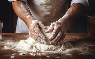 Baker kneading dough on a wooden surface.