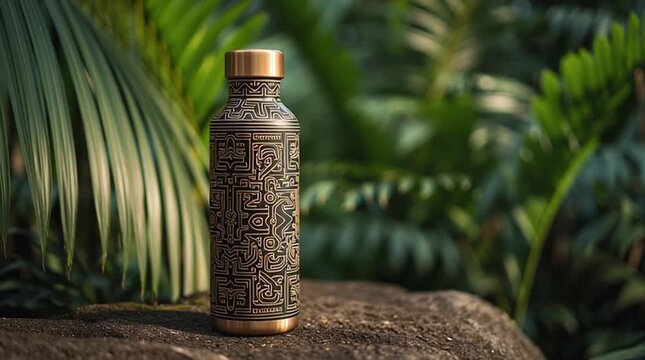 Modern water bottle featuring Inca pattern design for sustainable hydration in a natural setting