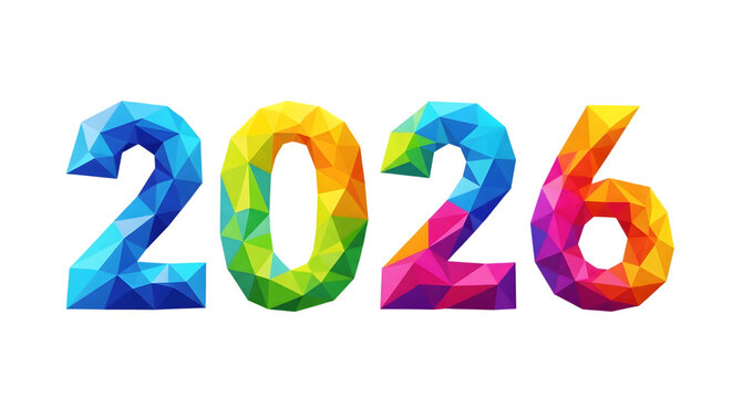Colorful geometric numbers 2026 for happy new year isolated on transparent background