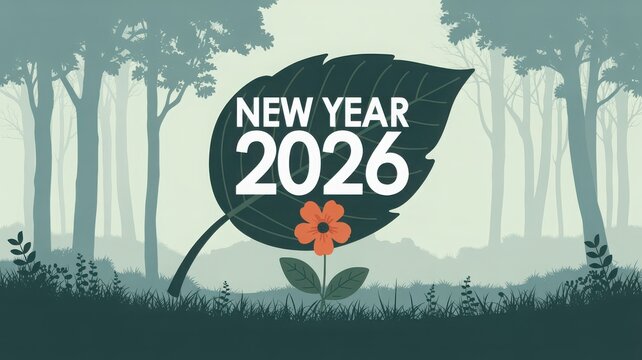 New year 2026 message on leaf in a tranquil misty forest scene