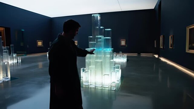 In this captivating video, a visitor engages with innovative light installations in a modern art space. The interplay of shapes and colors creates a mesmerizing experience that highlights creativity a