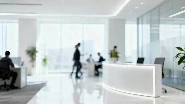 Busy office lobby with professionals walking and working in a modern corporate building. Intentionally blurred background creates a generic business atmosphere. Lockdown shot.