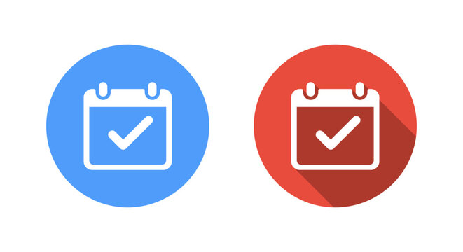 Checklist calendar icon with long shadow. Task completed and date reminder symbol. Schedule confirmation sign