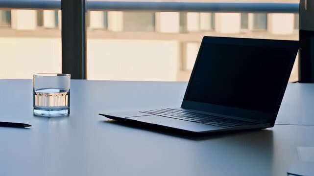 This minimalist video showcases a sleek laptop on a clean desk, paired with a glass of water. Natural light filters through the window, creating a calm atmosphere ideal for productivity and focus, per