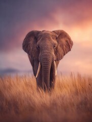 Obraz premium Majestic Elephant Stands in Tall Grass During a Stunning Sunset in Serene Landscape