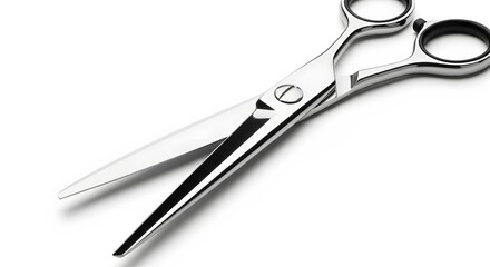 Obraz premium Professional hair stylist scissors poised for a fresh cut, ideal for beauty salon advertising, clean sharp steel blades on a stark white background, precise and ready to work