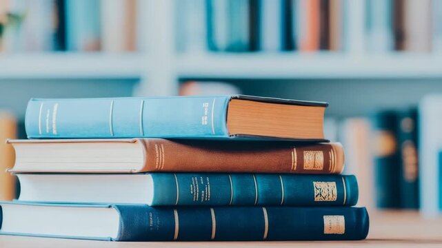 Neatly stacked collection of classic bound volumes resting on tabletop, conveying academic atmosphere with blurred bookshelves in distance
