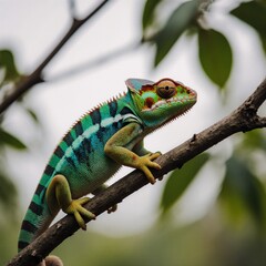 Fototapeta premium A chameleon changing colors on a tree set against an abstract backdrop Agamidae reptile wildlife scene