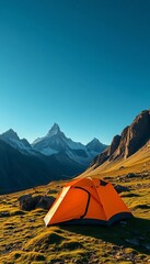 Mountain campsite with a tent, under a vast open sky and rugged peaks, camping,  mountain