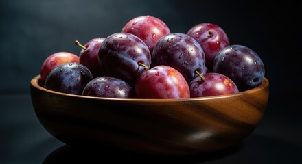 A wooden bowl overflowing with ripe, juicy plums against a dark backdrop.