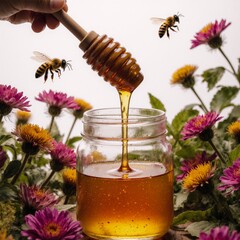 Fototapeta premium Dipper filled with honey surrounded by flowers and bees