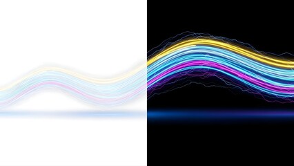 Dynamic light trails flowing across a split white and black background