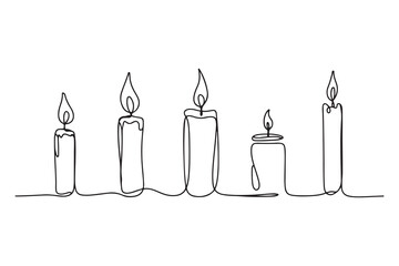 Single line art of multiple candles with fire flame simple outline illustration on white background
