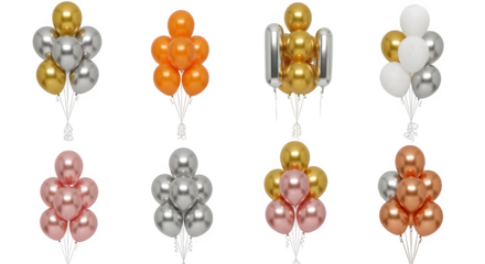 Collection of eight colorful balloon sculptures resembling human figures against a black background