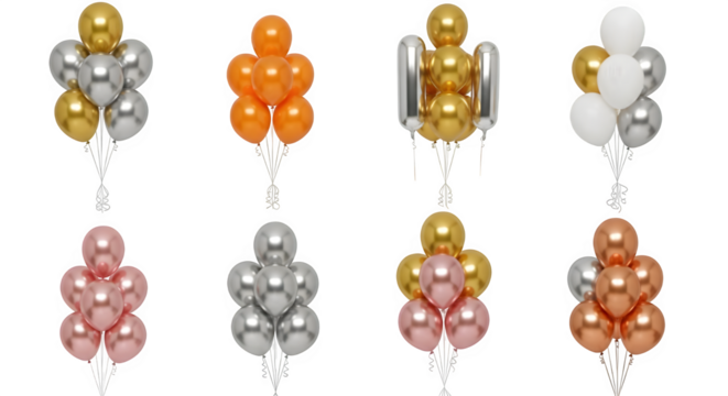 Collection of eight colorful balloon sculptures resembling human figures against a black background - Powered by Adobe