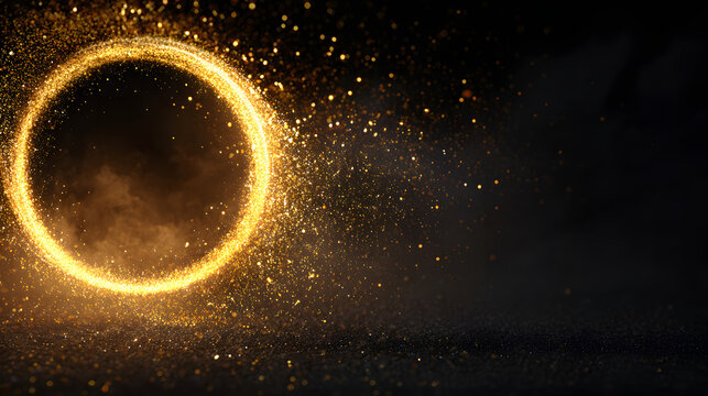 Gold glitter circle of light shine sparkles and golden spark particles in circle frame on black background. Christmas magic stars glow, firework confetti of glittery ring shimmer