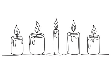 Single line art of multiple candles with fire flame simple outline illustration on white background
