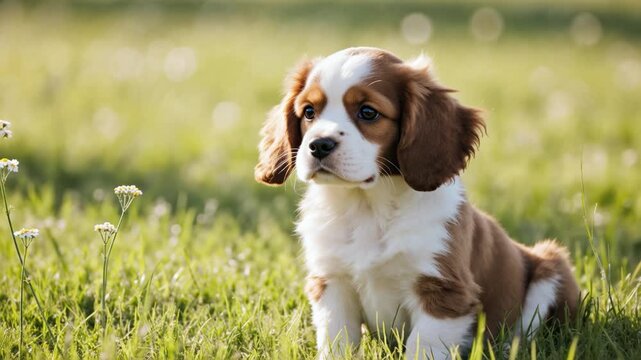 A lovely cute Cavalier King Charles spaniel puppy on grass in a sunny day