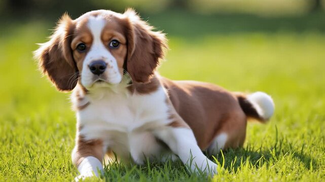 A lovely cute Cavalier King Charles spaniel puppy on grass in a sunny day