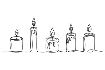 Single line art of multiple candles with fire flame simple outline illustration on white background

