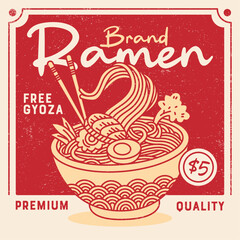 Vintage ramen poster design featuring steaming bowl with noodles and toppings in retro Japanese style. Illustration with distressed texture for restaurant branding and menu design.