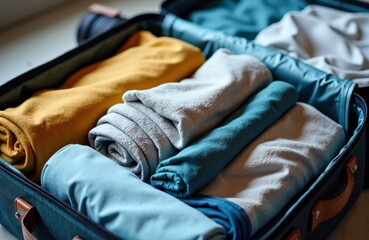 Colorful clothes neatly packed in an open suitcase ready for travel