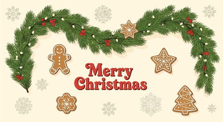 Festive merry christmas greeting with gingerbread cookies pine garland fairy lights and snowflakes on a cream background