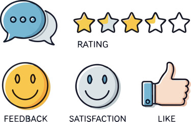 Create Review icon set. Containing feedback, rating, satisfaction, like icons. Vector illustration on white background.