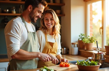 A couple preparing food together in a bright kitchen with natural sunlight