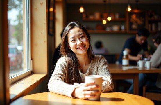 Woman smiling and enjoying coffee in a cozy cafe setting - Powered by Adobe
