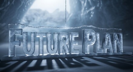 Ice sculpture of future plan with water dripping in a blue and white background design element