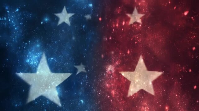Patriotic background with starry sky, featuring white stars on red and blue, glittery textures