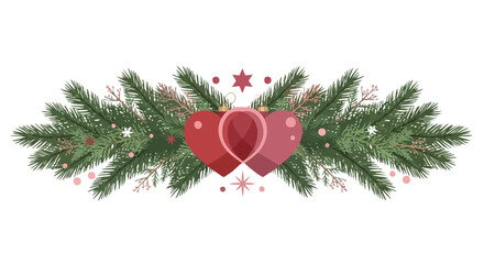 A beautiful festive Christmas garland featuring lush green fir branches adorned with two loving red heart ornaments and delicate pink accents, perfect for holiday celebrations.
