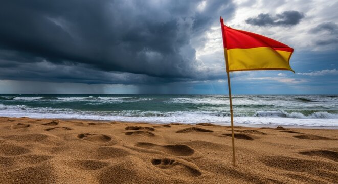 A stormy sky over a sandy beach with a red and yellow flag planted in the sand