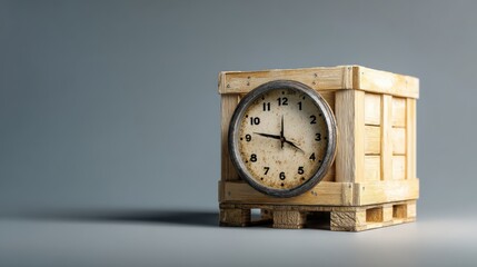 Tariff Impact. A wooden clock inside a crate, showcasing unique design and craftsmanship.