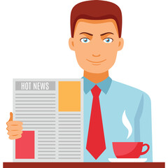 Man Wearing Light Blue Shirt Red Tie Holding Newspaper With Hot News Headline And Steaming Coffee Cup On White Background