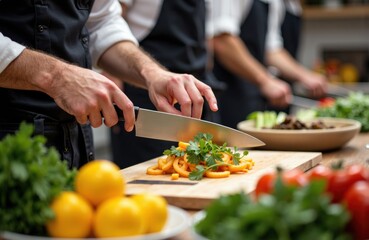 Woman chopping fresh vegetables in a professional kitchen with colorful ingredients around