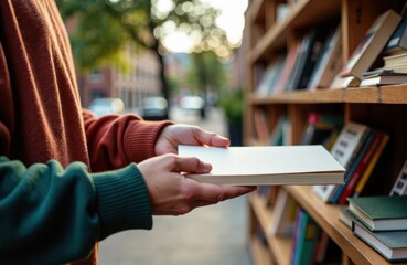 Woman holding a book in front of a bookshelf outdoors