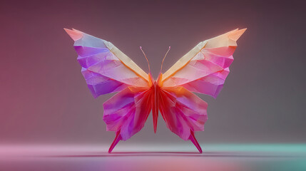 A vibrant origami butterfly with delicate translucent wings in shades of pink, purple, and orange against a soft gradient background.