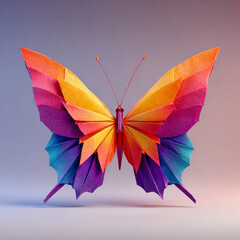 Colorful origami butterfly with vibrant, multi-colored wings displayed against a soft gradient background.