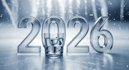 Glass numbers displaying the year twenty twenty six with water and ice cubes on a shiny surface