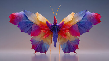 A vividly colored origami butterfly with symmetrical blue, pink, and yellow wings displayed against a soft grey background.