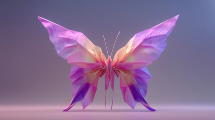 A vibrant, translucent origami butterfly in shades of purple and pink stands gracefully against a soft grey background.