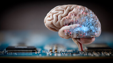 Obraz premium A surreal visualization of a brain integrated with a circuit board, symbolizing the fusion of neuroscience and technology.