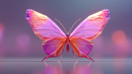 A vibrant, stylized origami butterfly with translucent, multicolored wings sits poised against a soft, blurred purple background.