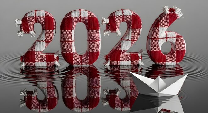 Festive 2026 New Year Design with Red and White Checkered Pattern and Paper Boat, Reflecting on Hope and Travel for Upcoming Year Celebration - Powered by Adobe