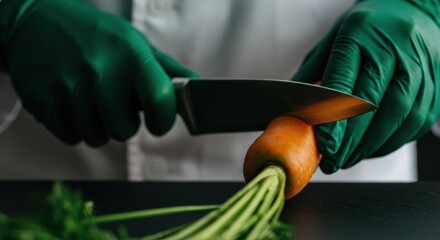 Woman chopping fresh carrots with a knife in a kitchen setting