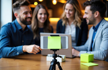 Group of four young professionals recording a video or live stream with smartphone on a tripod in a modern office setting