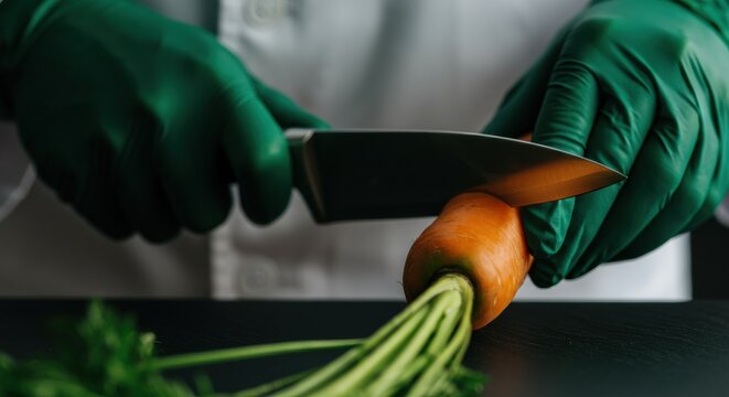 Woman chopping fresh carrots with a knife in a kitchen setting