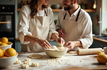 Happy couple preparing dough together in a cozy kitchen setting